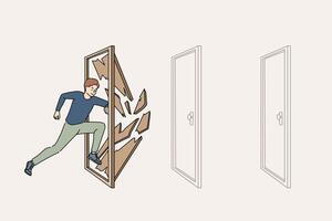 Man overcomes obstacles during challenge, running and destroying closed doors along way vector