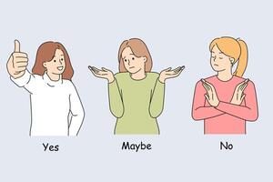 Woman makes decision and demonstrates yes, no, or probably gestures after hearing question vector