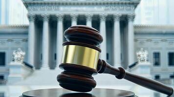 Gavel in front of courthouse symbolizes justice and law, related to Constitution Day video
