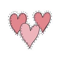 Three hand-drawn pink and red hearts with dotted outlines, on a white background, expressing love and affection concepts vector