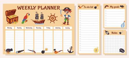 Weekly planner, to do list, goals and notes. Set with pirate elements. Pirate concept. vector