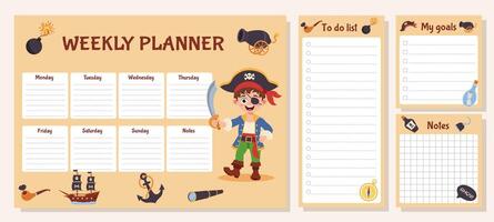 Pirate set of weekly planner, to do list, goals and notes. Set with pirate elements. vector