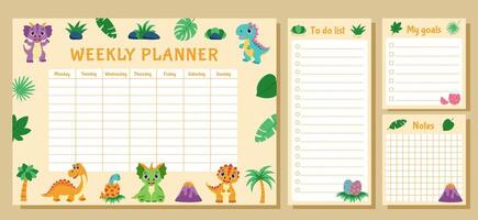 Dinosaur set of weekly planner, to do list, goals and notes. Set with dinosaurs and tropical plants. vector