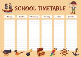 Pirate school timetable, lesson schedule. Timetable with pirate elements. vector