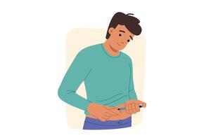Man does diabetes insulin test by sticking syringe into stomach to prevent sugar control vector