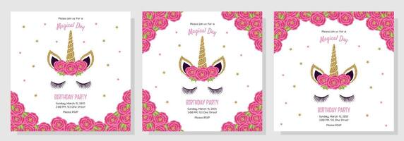 Unicorn set of birthday party invitations, greeting cards. Invitations with unicorn elements and roses. vector