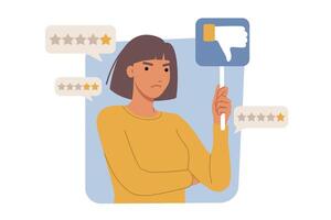 Dissatisfied woman customer gives bad ratings and spoils reputation due to negative user experience vector