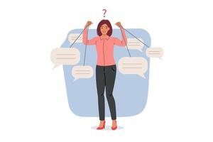 Woman victim of public opinion holds dialogue clouds in form of comments in hands vector