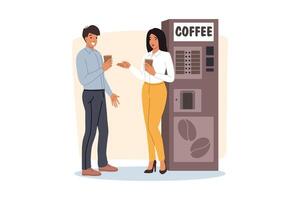 Man and woman office employees are flirting standing at coffee machine, taking break from work vector