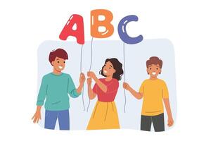 Kids hold balloons in form of letters of english alphabet and smile, urging them to learn languages vector