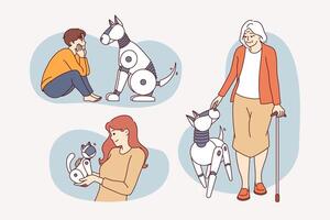 Robotic pets in form of cats and dogs walk and play with owners of different ages vector