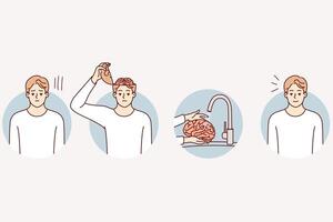 Man is engaged in information hygiene and psychological detox, washing own brain under tap of water vector
