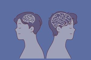 Stupid and smart man stand side by side, with silhouette of brain of different sizes. vector