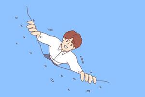 Business venture for brave man taking risky action and hanging off edge of cliff. vector