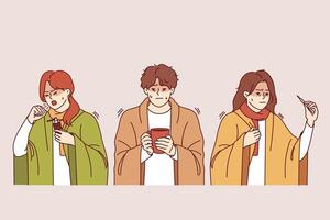 Sick people who have contracted flu stand wrapped in blanket and take temperature or drink hot tea vector