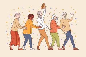 Party of elderly people dancing and standing in row, enjoying retirement and not having to work vector