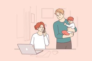 Housewife man with child stands near business wife talking on phone and using computer vector
