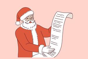 Santa claus reads wish list and rejoices at approaching new year or christmas holidays vector