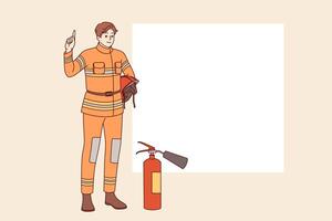 Man firefighter stands near fire extinguisher and copy of space for safety advice vector