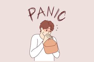 Panic attack in fired man breathing into paper bag to overcome fear and restore calm vector