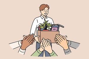 Hospitable team greets new employee entering office with box to thunderous applause vector