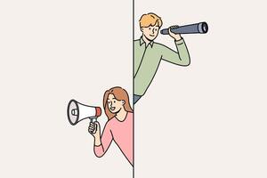 Business team of man using telescope to find opportunities and woman promoter attracting clients vector