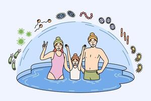 Family bathes in ice pond to improve immunity, and stands in water covered with dome vector
