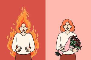 Change emotions of woman showing rage, standing in flame and becoming better after receiving flowers vector
