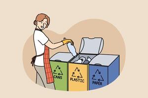 Woman sorts garbage using three various bins for different types of waste, saving planet vector