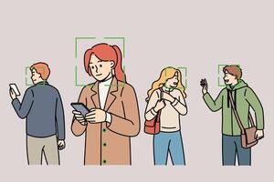 Big brother monitors people and identifies individuals using cameras or biometric facial recognition vector