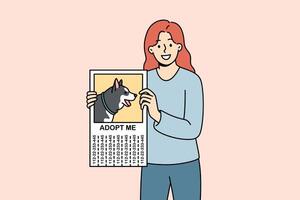 Adop me advertisement with portrait of dog in hands woman volunteer working at shelter vector