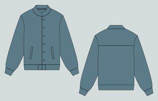 The jacket is blue and has a button down collar vector