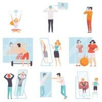 Narcissistic People Characters Looking at Mirror and Admiring of Themselves Set, Men and Women Overestimate Themselves, Self Confidence, Motivation Illustration vector