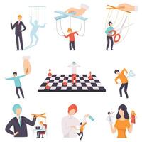Manipulation of People Set, Marionette People on Ropes Controlled by Others Illustration vector