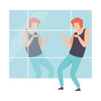 Narcissistic Man Character Looking at Mirror and Admiring of Himself, Person Overestimate Himself, Self Confidence, Motivation Illustration vector