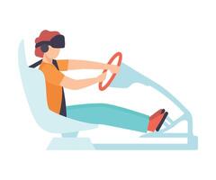 Man Driving Car Wearing Virtual Reality Digital Glasses, Guy Using Advanced Technology to Imitate Road with Driver Simulator Illustration vector