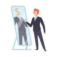 Narcissistic Man Character Looking at Mirror and Seeing Rich Successfull Man, Person Overestimate Himself, Self Confidence, Motivation Illustration vector