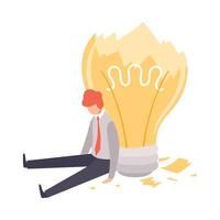 Overworked, Man Sitting with Broken Light Bulb, Brainstorming, Innovation, Creativity Concept Illustration vector