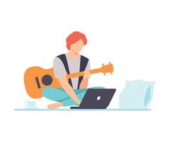 Young Man Playing Guitar, Guy Learning Guitar Through Internet Course Using Laptop Comuter, Online Education, Hobby Illustration vector