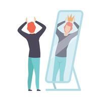 Narcissistic Man Character Looking at Mirror and Seeing in Reflection of Himself with Crown on His Head, Person Overestimate Himself, Self Confidence, Motivation Illustration vector