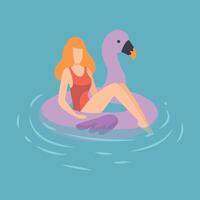 Young Beautiful Woman in Red Swimsuit Floating on Inflatable Ring in Shape of Flamingo in Swimming Pool or Sea Illustration vector