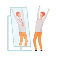 Narcissistic Man Character Looking at Mirror and Seeing in Reflection of Himself with Gold Medal, Person Overestimate Himself, Self Confidence, Motivation Illustration vector