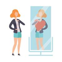 Narcissistic Woman Character Looking at Mirror and Seeing in Reflection of Herself with Red Heart, Girl Overestimate Herself, Self Confidence, Motivation Illustration vector