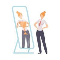 Narcissistic Woman Character Looking at Mirror and Seeing in Reflection of Herself with Winner Cup, Girl Overestimate Herself, Self Confidence, Motivation Illustration vector