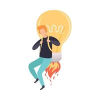 Man Flying with Glowing Bright Bulb Jetpack, Brainstorming, Innovation, Creativity Concept Illustration vector