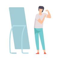 Narcissistic Man Character Looking at Mirror Pretend to Be Strong, Person Overestimate Himself, Self Confidence, Motivation Illustration vector