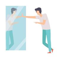 Narcissistic Man Character Looking at Mirror and Pointing Finger to Reflection, Person Overestimate Himself, Self Confidence, Motivation Illustration vector