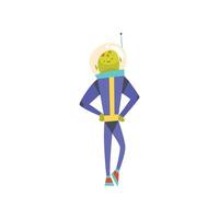 Funny Friendly Green Alien Standing with Hands on Its Waist, Cute Humanoid Cartoon Character in Blue Space Suit and Helmet Illustration vector