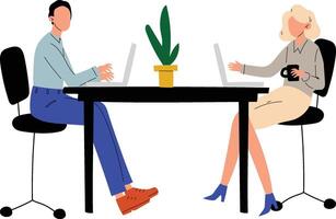Office Workers Sitting at Desk and Working with Computers, Colleagues Working Together in Office Illustration vector