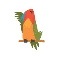 Cute Bird Napping on while Sitting on Perch, Funny Birdie Cartoon Character with Bright Colorful Feathers and Tuft Illustration vector